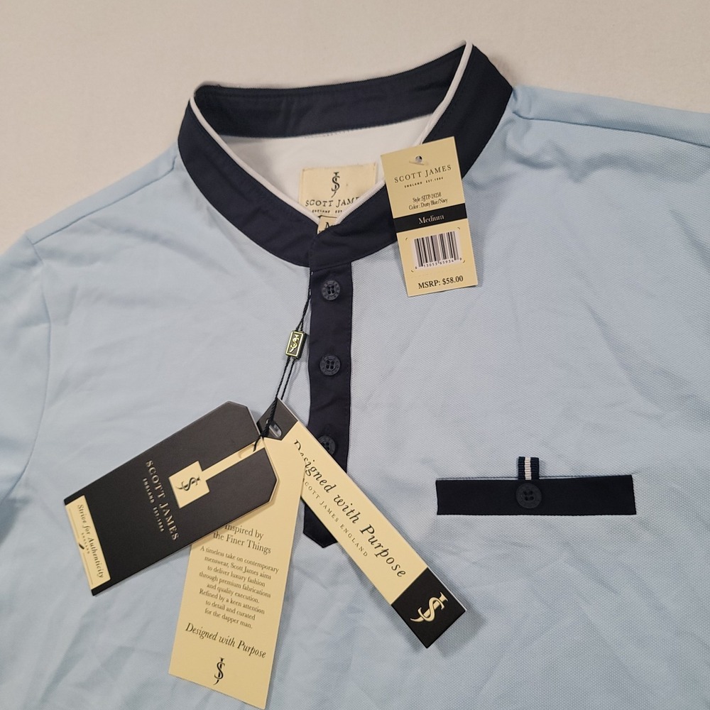 Scott James Men Polo Shirt Medium Blade Collar Dusty Blue Navy NWT